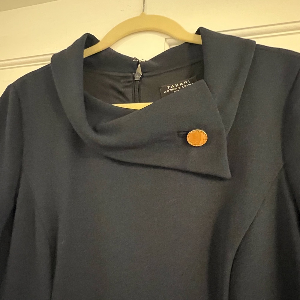 Tahari Navy Short Sleeve Dress with Gold Button Collar